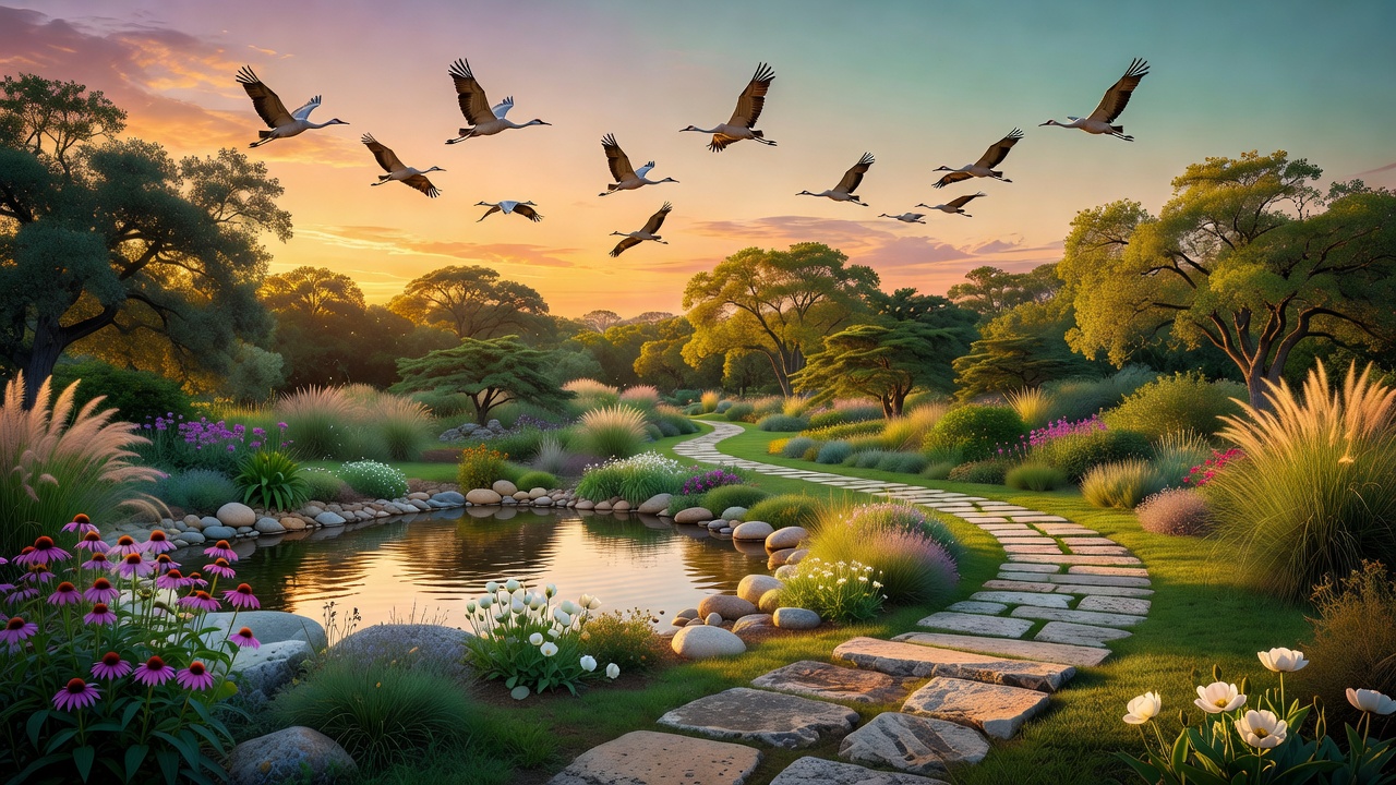 Cranes flying over the healing garden