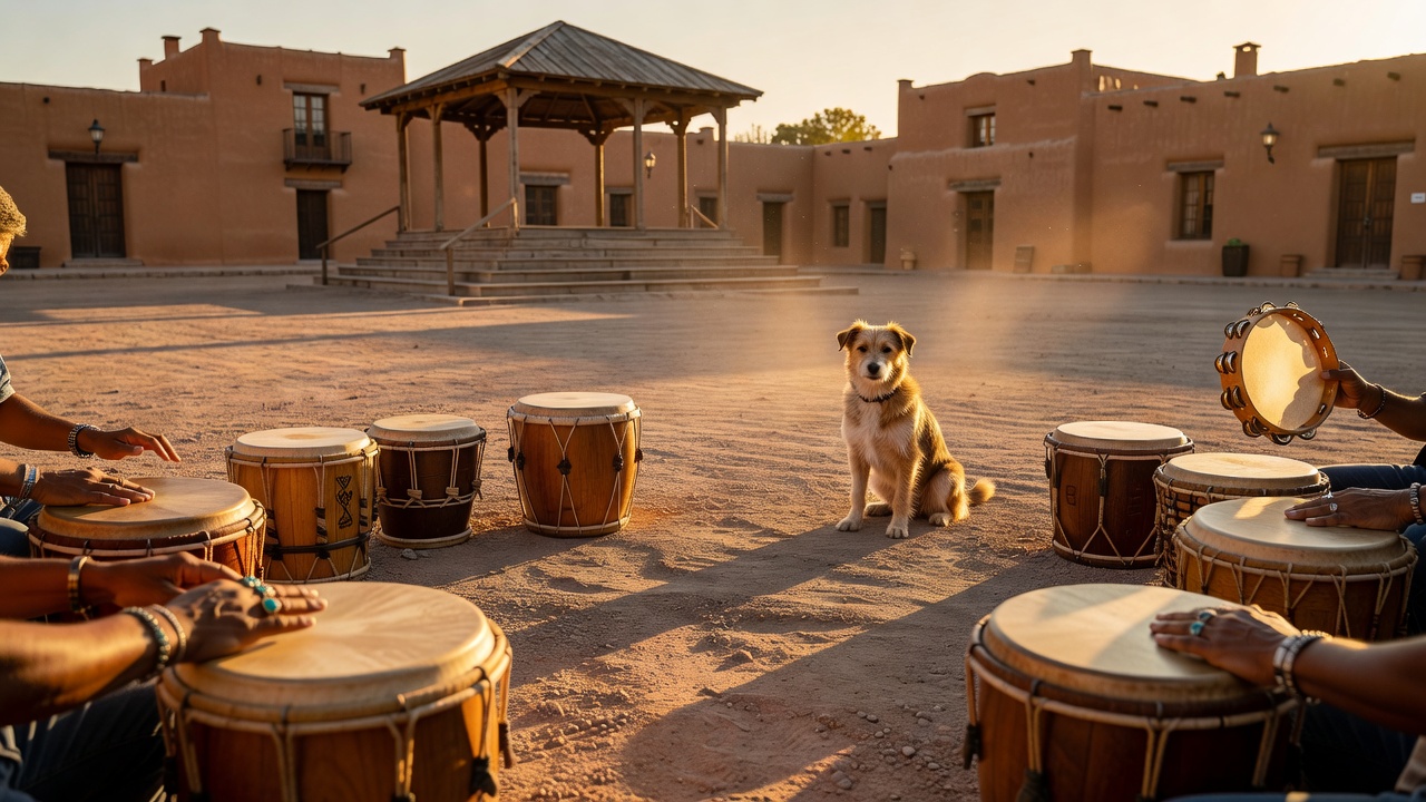 Plaza drums and a borrowed tambourine