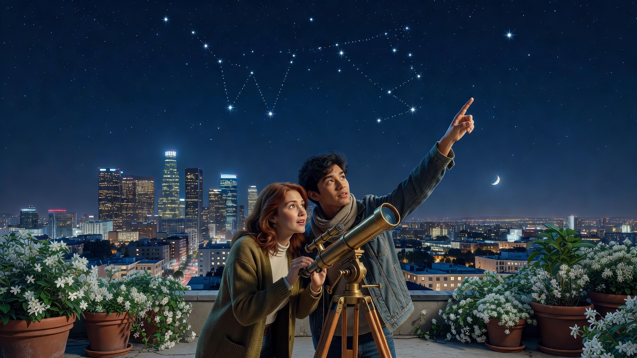 Cassiopeia on a rooftop at dusk